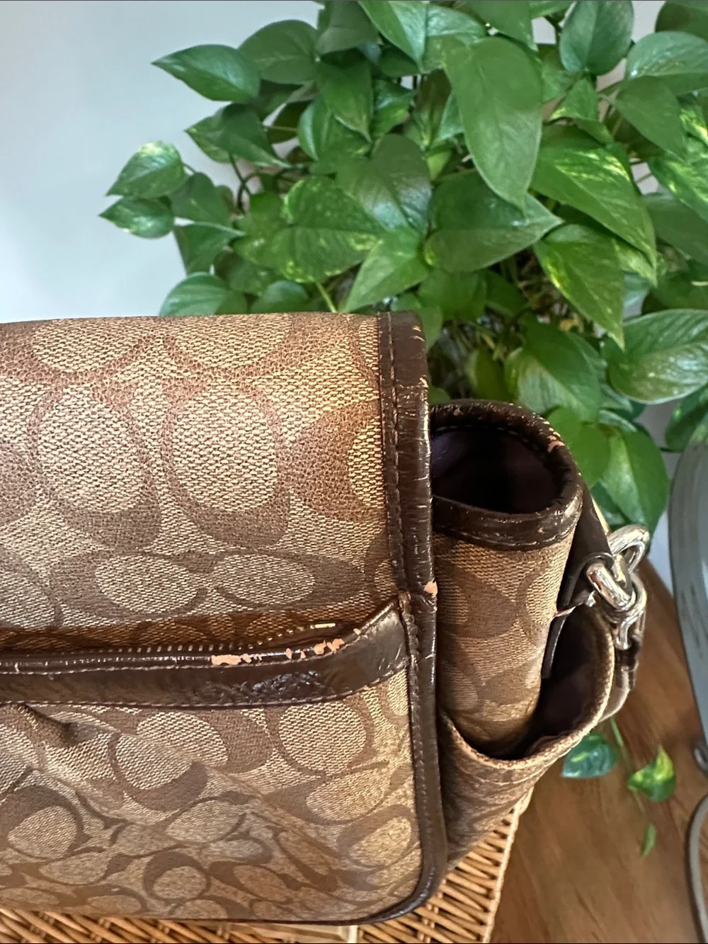 Coach Beige & Brown Signature Messenger Crossbody Baby Bag